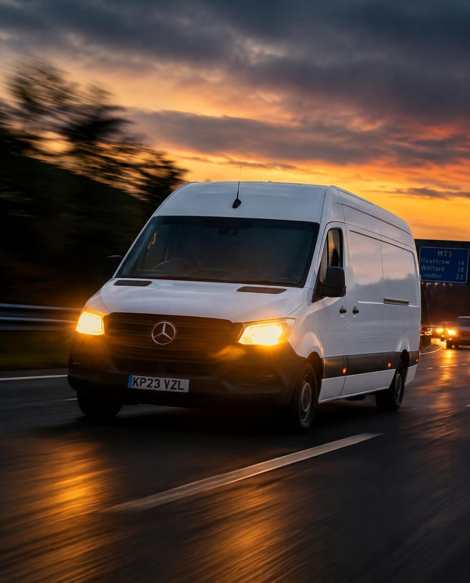 Courier van on a UK motorway at dusk